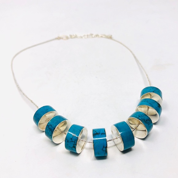 Sterling silver with spinning discs of turquoise necklace 41.1g